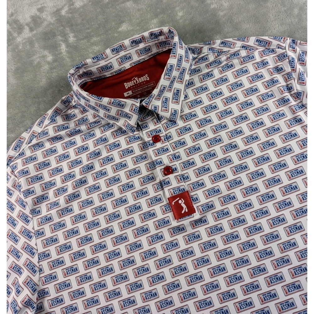 Bogey Bros Polo Shirt Mens Medium Assman NY License Plate Print Golf Performance